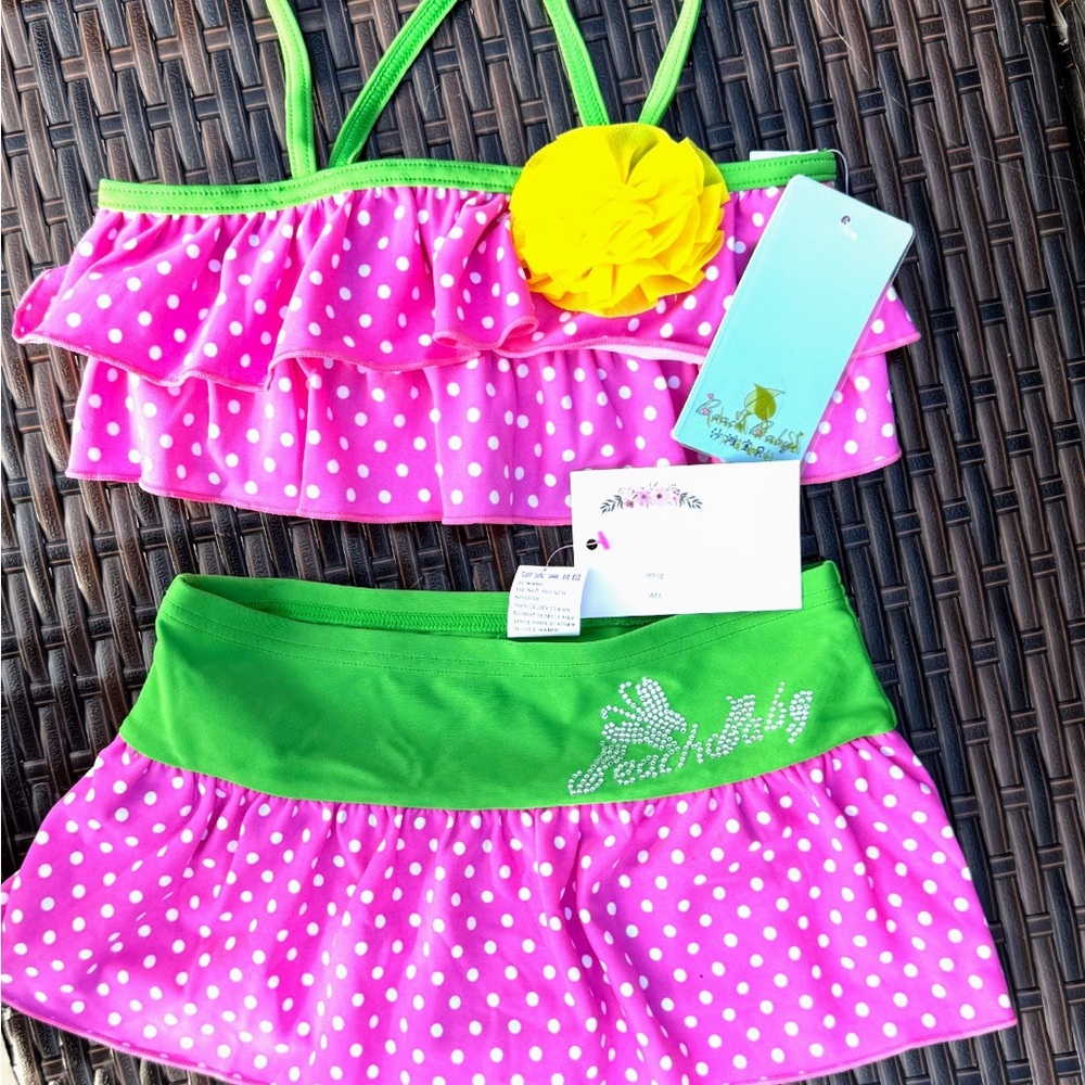Vibrant Pink Polka Dot Kids Bikini Set with Green Trim